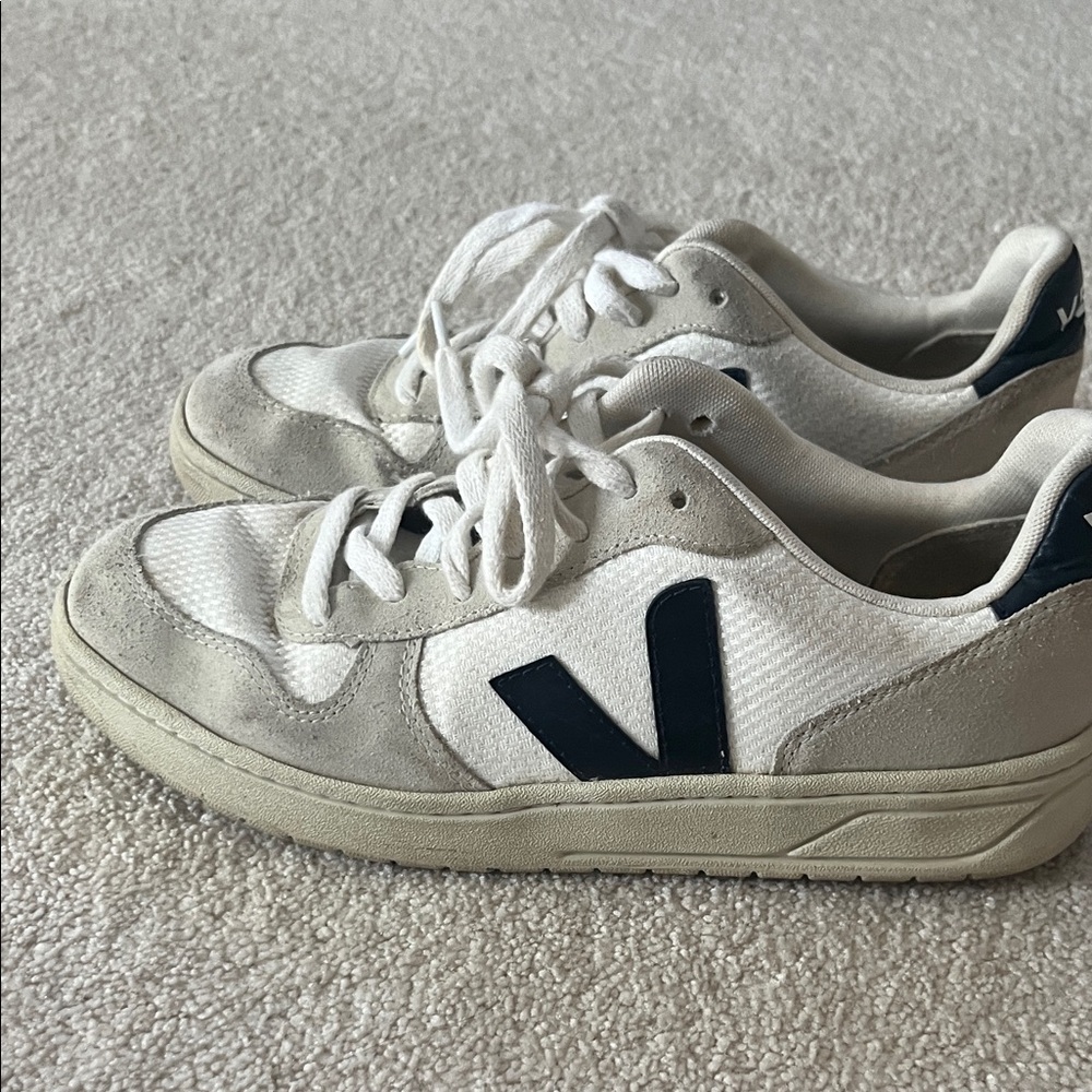Veja White and Navy Low-Top Sneakers